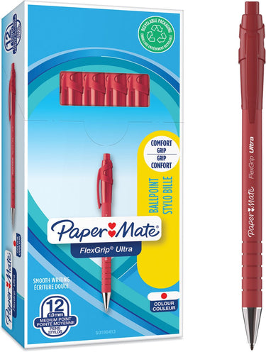 Paper mate flexgrip ultra-balpen met drukknop | medium punt (1,0 mm) | rood | 12 stuks