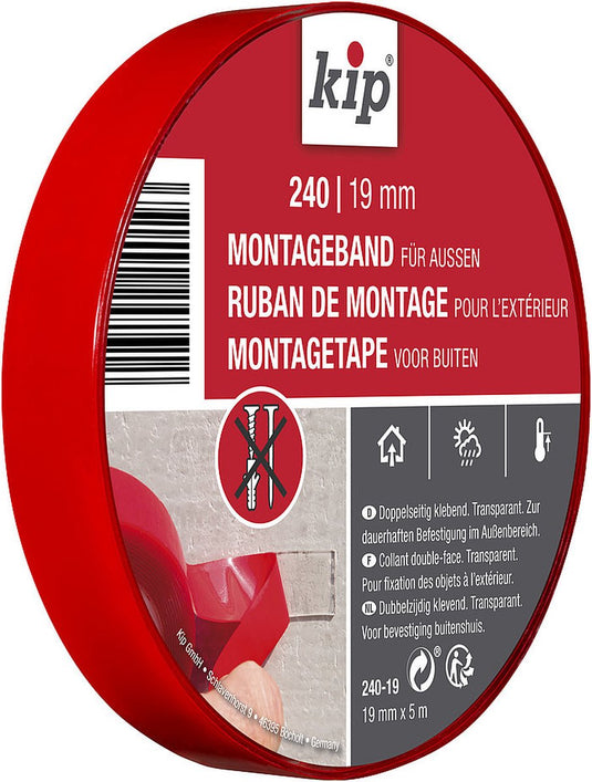 Kip - montagetape buiten - 19mmx5m - dubbelzijdig klevend acrylschuim met uiterst hoge kleefkracht voor permanente bevestiging binnen en buiten - vochtbestendig en temperatuurbestendig (40°c tot 120°c) - voor gladde en licht oneffen oppervlakken