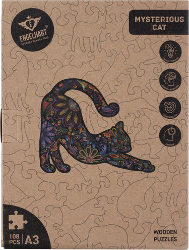 Engelhart houten puzzel kat – 108 unieke puzzelstukjes – a3 formaat grote houten legpuzzel – dieren puzzelspel – compact en ontspannend denkspel – inclusief opbergetui –