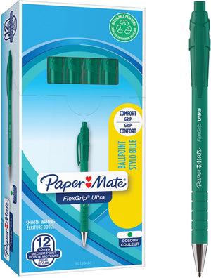 Paper mate flexgrip ultra intrekbare-balpennen | medium punt (1,0 mm) | groen | 12 stuks