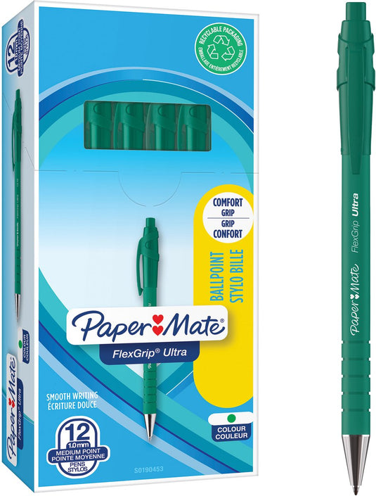 Paper mate flexgrip ultra intrekbare-balpennen | medium punt (1,0 mm) | groen | 12 stuks