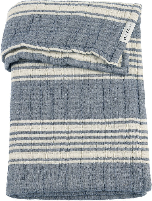 Meyco baby stripe jacquard ledikant deken - pre-washed hydrofiel - indigo - 100x150cm - 1.5 tog