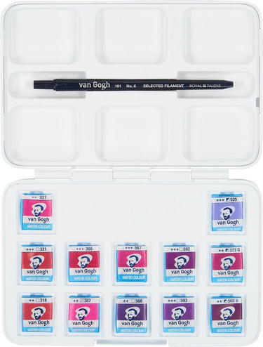 Van gogh aquarelverf pocket box roze en violetten met 12 kleuren in halve napjes