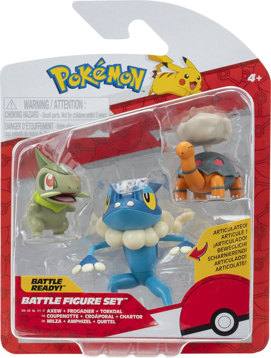 Jazwares pokémon - battle figure set 3 pack: torkoal, axew, frogadier