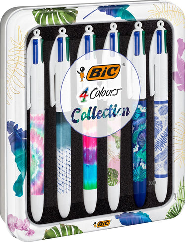 Bic 4 kleuren balpennen - botanical en tie dye decors - geschenkdoos met 6 pennen - medium punt 1 mm