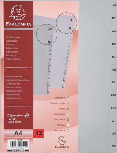 Exacompta tabbladen maandelijks a4, uit pp, 12 tabs, jan-dec, grijs, frans