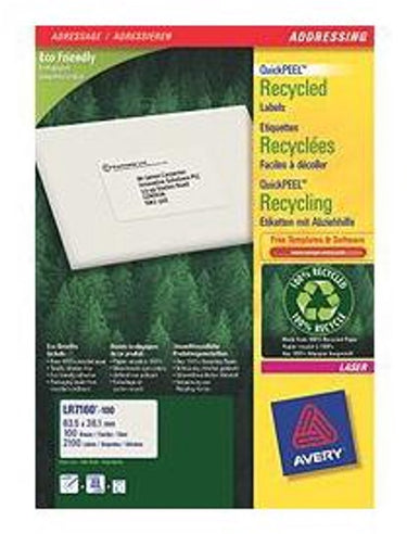 Avery gerecycleerde witte laseretiketten quickpeel formaat 635 x 381 mm (b x h) 2.100 stuks 21 per blad