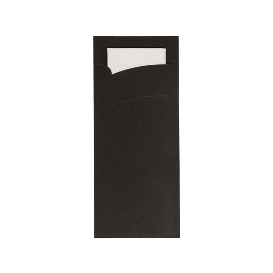 Bestekzakje pochette zwart met wit servet (600 stuks)