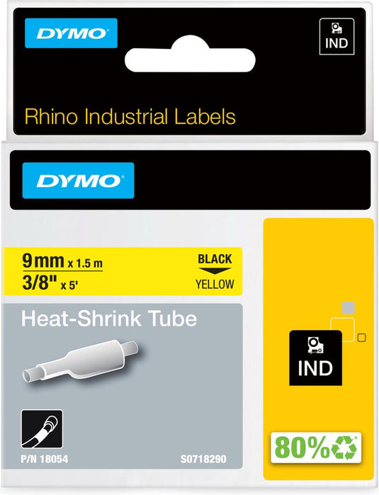 Dymo rhino industriële heat-shrink tube-labels | 9 mm x 1,5 m | zwarte afdruk op geel | voor rhino labelprinters