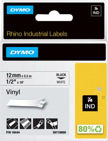 Dymo tape gekleurd vinyl rhino 12mmx5,5m zwart wit