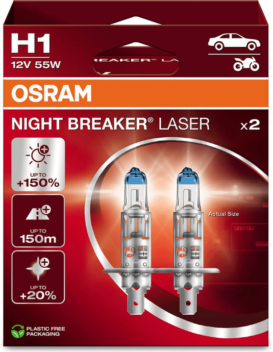 Osram night breaker laser - h1 halogeen autolampen – tot 150% meer licht en 150m zicht - 64150nl-2hb - set 2 lampen