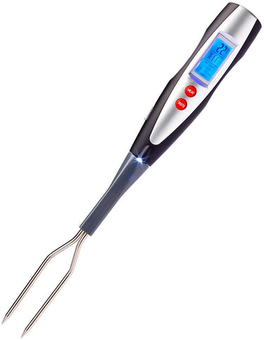 Westmark braad- en grillvork met thermometer, met led-scherm en zaklamp, lengte: 38,5 cm, roestvrij staal kunststof siliconen, zilver zwart rood, 15042280