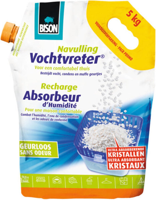 Bison vochtvreter® losse kristallen neutraal zak 5 kg, navulling voor een vochtvreter®, eenvoudig in gebruik, geschikt voor alle navullingen, binnen 1 minuut te gebruiken