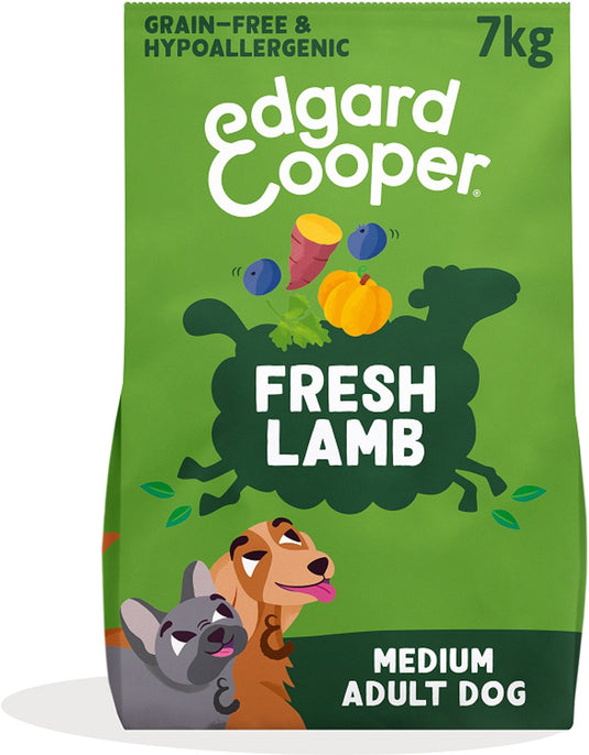 Edgard cooper adult hondenbrokken voor medium honden, verse lam, 7kg, graanvrij en hypoallergeen recept met natuurlijke ingrediënten, perfecte vezelbalans