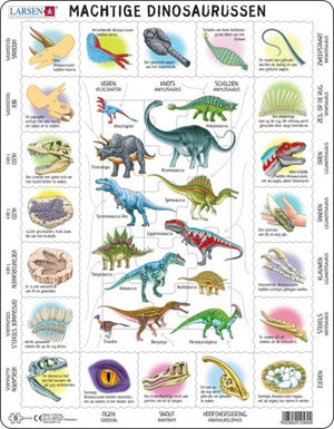 Larsen kenmerken van de dinosauriërs – puzzel – dieren – prehistorie – educatieve legpuzzel voor kinderen – 35 stukjes – gemaakt in noorwegen – extra dikke 2,5 mm stukjes – tray met vaste rand