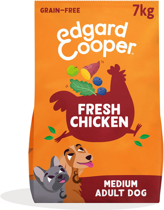 Edgard cooper adult hondenbrokken voor medium honden, verse kip, 7kg, graanvrij recept met natuurlijke ingrediënten, perfecte vezelbalans