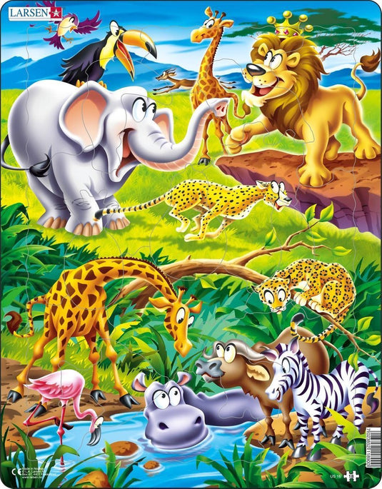 Larsen op safari – puzzel – dieren – safari – educatieve legpuzzel voor kinderen – 18 stukjes – gemaakt in noorwegen – extra dikke 2,5 mm stukjes – tray met vaste rand