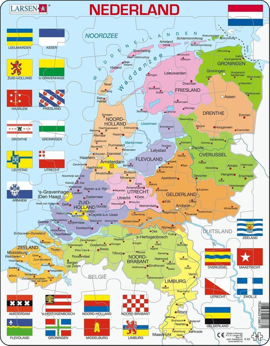 Larsen nederland met provincies en vlaggen – puzzel – kaarten geografie – nederland – educatieve legpuzzel voor kinderen – 48 stukjes – gemaakt in noorwegen – extra dikke 2,5 mm stukjes – tray met vaste rand