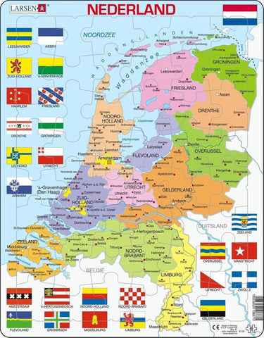 Larsen nederland met provincies en vlaggen – puzzel – kaarten geografie – nederland – educatieve legpuzzel voor kinderen – 48 stukjes – gemaakt in noorwegen – extra dikke 2,5 mm stukjes – tray met vaste rand