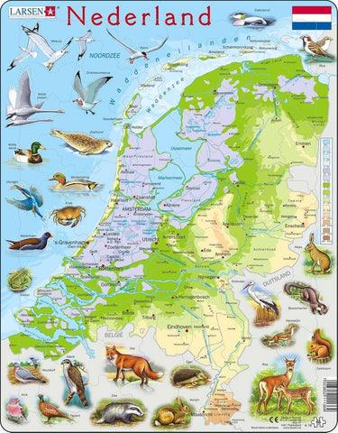 Larsen nederland geografisch met dieren – puzzel – kaarten geografie – nederland – educatieve legpuzzel voor kinderen – 68 stukjes – gemaakt in noorwegen – extra dikke 2,5 mm stukjes – tray met vaste rand