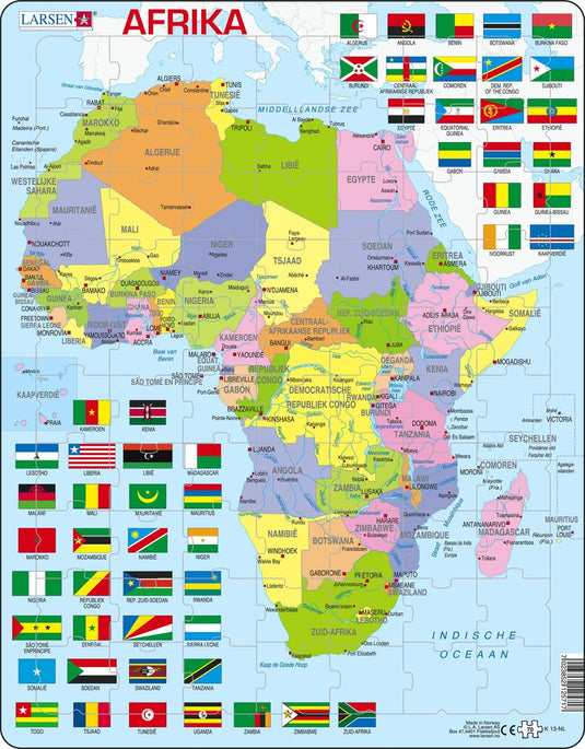 Larsen afrika met vlaggen – puzzel – kaarten geografie – vlaggen afrika – educatieve legpuzzel voor kinderen – 70 stukjes – gemaakt in noorwegen – extra dikke 2,5 mm stukjes – tray met vaste rand