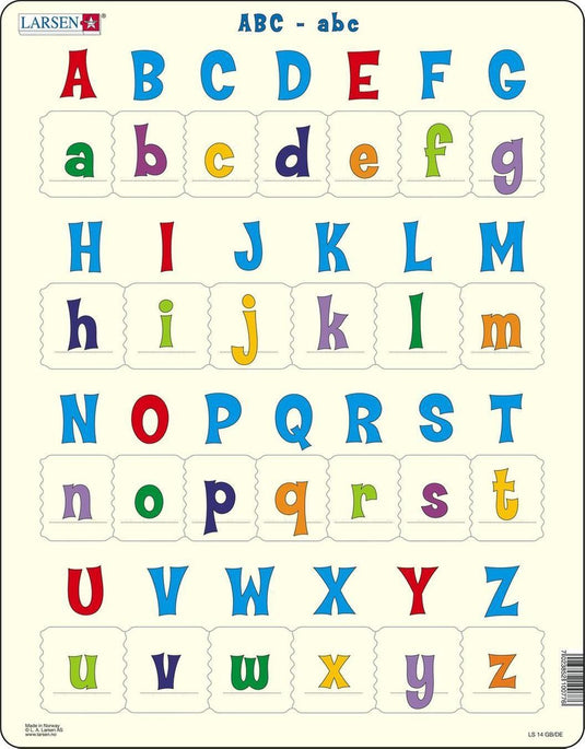 Larsen hoofdletters en kleine letters – puzzel – leren lezen – letters – educatieve legpuzzel voor kinderen – 26 stukjes – gemaakt in noorwegen – extra dikke 2,5 mm stukjes – tray met vaste rand