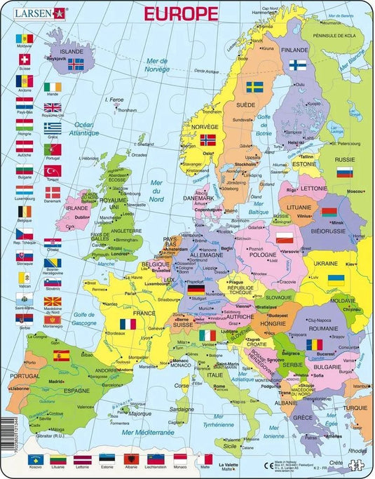 Larsen carte politique de l’europe – puzzle – europe – pays et drapeaux – puzzle éducatif pour enfants – 48 pièces – fabriqué en norvège – pièces extra épaisses de 2,5 mm – plateau avec bord fixe