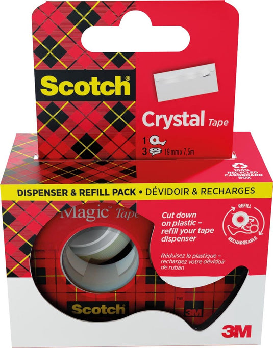 Scotch crystal tape plakband ft 19 mm x 7 | 5 m | dispenser + 3 rolletjes | ophangbaar doosje