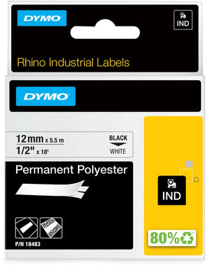 Dymo tape polyester rhino 12mmx5,5m zwart wit