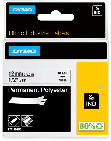 Dymo tape polyester rhino 12mmx5,5m zwart wit
