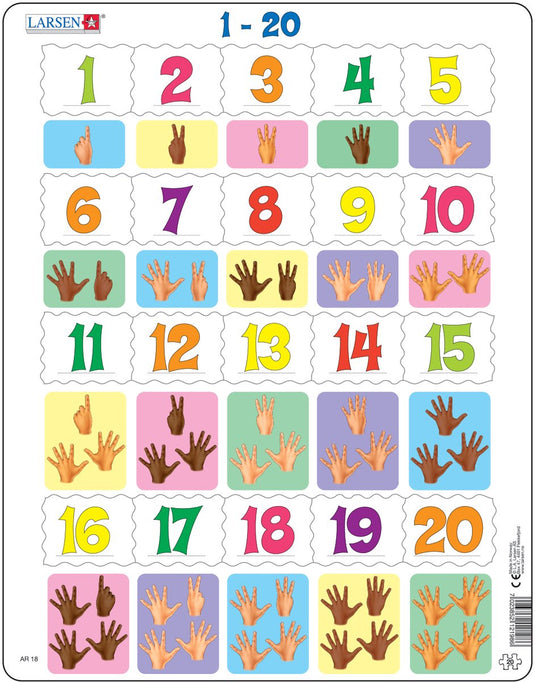 Larsen getallen 1–20 – puzzel – leren rekenen – getallen – educatieve legpuzzel voor kinderen – 20 stukjes – gemaakt in noorwegen – extra dikke 2,5 mm stukjes – tray met vaste rand