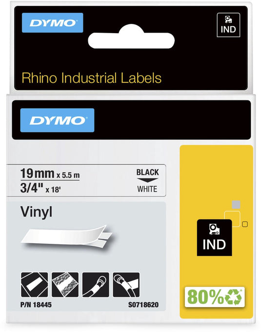 Dymo rhino industriële vinyl labels | 19 mm x 5,5 m | zwarte afdruk op wit | zelfklevende labels voor rhino labelmanager labelprinters
