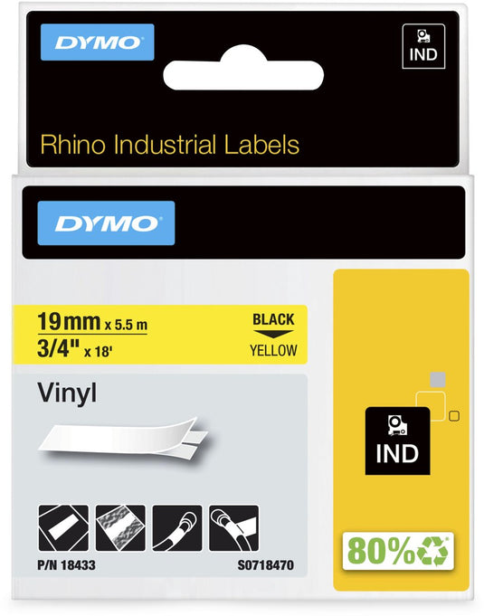 Dymo rhino industriële vinyl labels | 19 mm x 5,5 m | zwarte afdruk op geel | zelfklevende labels voor rhino labelmanager labelprinters