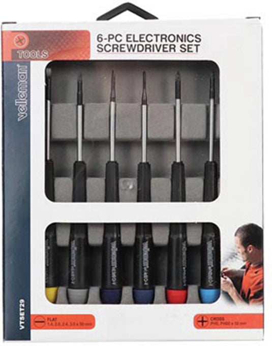 Velleman precisieschroevendraaierset, 6-delig, sleufkop phillips, chroom-vanadium, magnetisch, zwart
