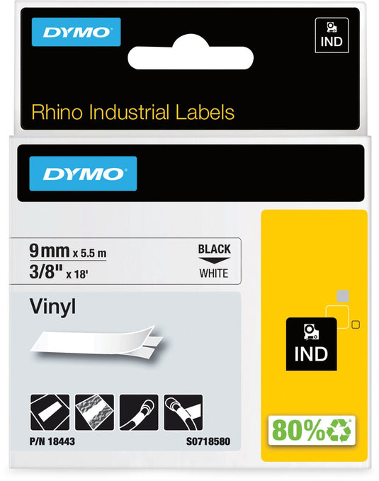 Dymo rhino industriële vinyl labels | 9 mm x 5,5 m | zwarte afdruk op wit | zelfklevende labels voor rhino labelmanager labelprinters
