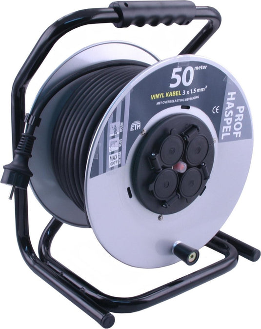 Q-link kabelhaspel - prof - randaarde - 3 x 1.5 mmâ² - spatwaterdicht (ip44) - 50 m - neopreen - staal - grijs