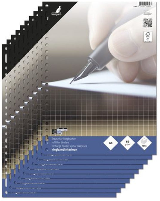 Kangaro ringbandinterieur a4 - ruit 10mm - 60 grams - 23-gaats - 10 sets - ringbandpapier - k-56012-10