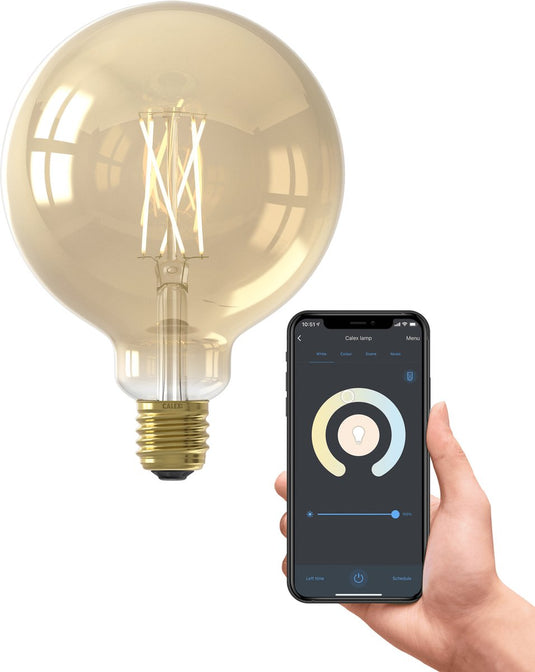 Calex slimme lamp - wifi led filament verlichting - globe 12,5cm - e27 - smart lichtbron goud - dimbaar - warm wit licht - 7w