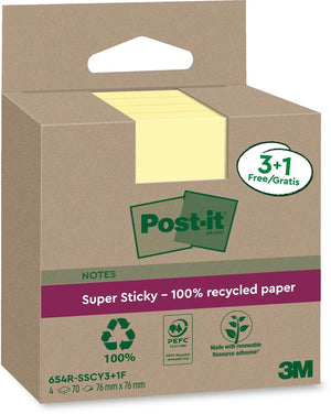 Post-it - super sticky notes recycled | 70 vel | ft 76 x 76 mm | geel | 3 + 1 gratis