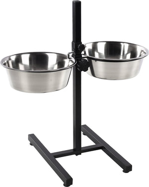 Flamingo voerbak hond – duo dinner staander otis zilver zwart 2x4l – verstelbare eet- en drinkpot met inox kommen