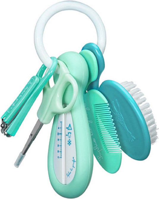Sophie de giraf baby verzorgingsset - 5-in-1 - badthermometer, schaartje, nagelknipper, kam haarborstel - aan handige sleutelring - vanaf 0 maanden - blauw turquoise