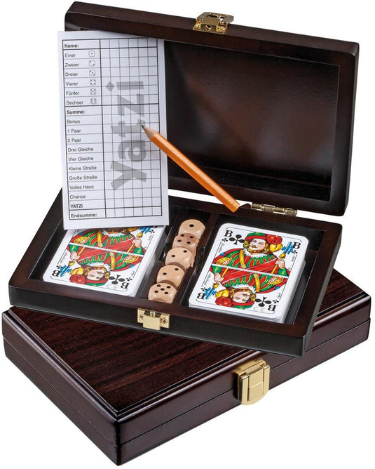 Philos kaartset met dobbelstenen en yahtzee scorekaart - houten box