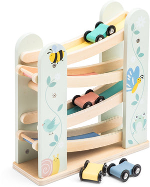 Woet ® houten autobaan – jodelbaan met 4 auto's – fsc gecertificeerd educatief speelgoed – houten speelgoed rollerbaan – peuterspeelgoed vanaf 18 maanden
