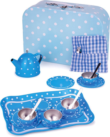 Bigjigs blikken servies blauw wit in koffer serviesje