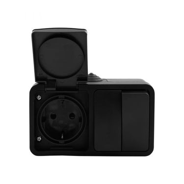 Q-link - wandcontactdoos - opbouw - 1-voudig stopcontact - dubbel serieschakelaar - spatwaterdicht ip54 - randaarde - kinderbeveiliging - mat zwart