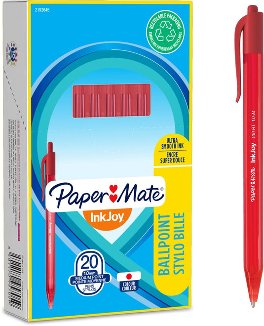 Paper mate inkjoy 100rt intrekbare balpennen | medium punt (1,0 mm) | rood | 20 stuks