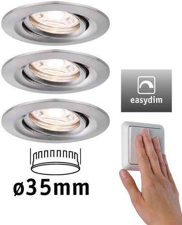 Paulmann led-inbouwlamp easy dim nova mini plus coin basisset zwenkbaar rond 66 mm 15° coin 3x4,2w 3x300lm 230v dimbaar 2700k staal geborsteld