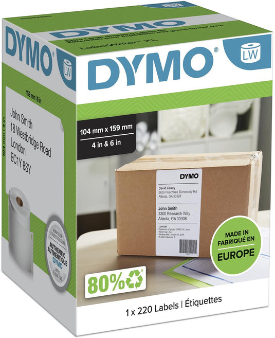 Dymo verzendetiketten voor labelwriter, extra groot - 104 mm x 159 mm - 220 zelfklevende labels - geschikt voor de labelwriter - gemaakt in europa
