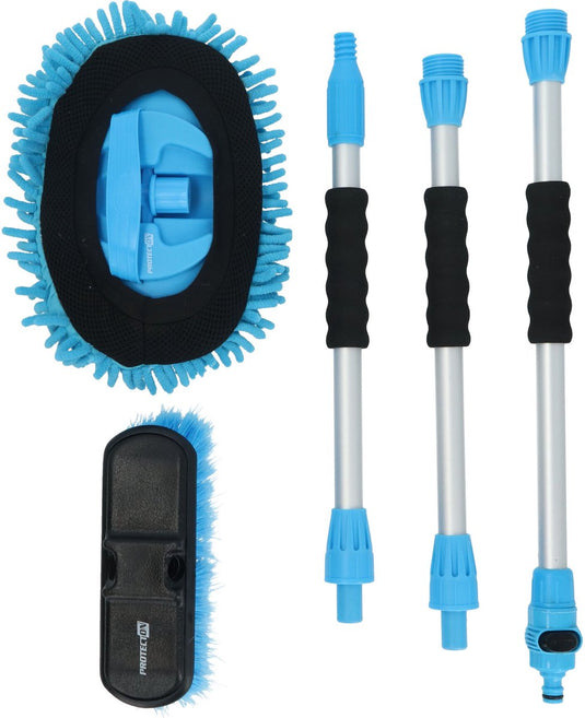 Protecton auto wasborstel set - 5-delig – wasborstel chenille mop - steel uit 3 delen – maximale lengte 130cm – gardena aansluiting en afsluitbare waterdoorvoer