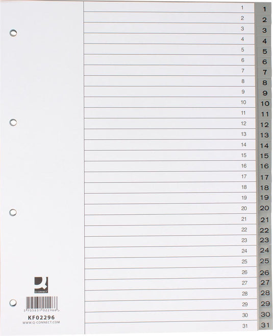 Q-connect numerieke tabbladen, a4, pp, 1-31, met indexblad, grijs